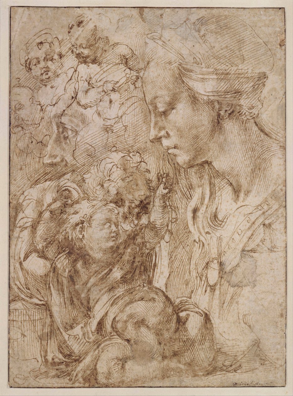 "Estudio para la Sagrada Familia con San Juan Bautista niño" Dibujo de Michelangelo Buonarroti (1475-1564) - 1505 - Pluma, pincel, tinta india sobre papel Dim 28,7x20,9 cm Staatliche Museen, Berlín de Michelangelo Buonarroti