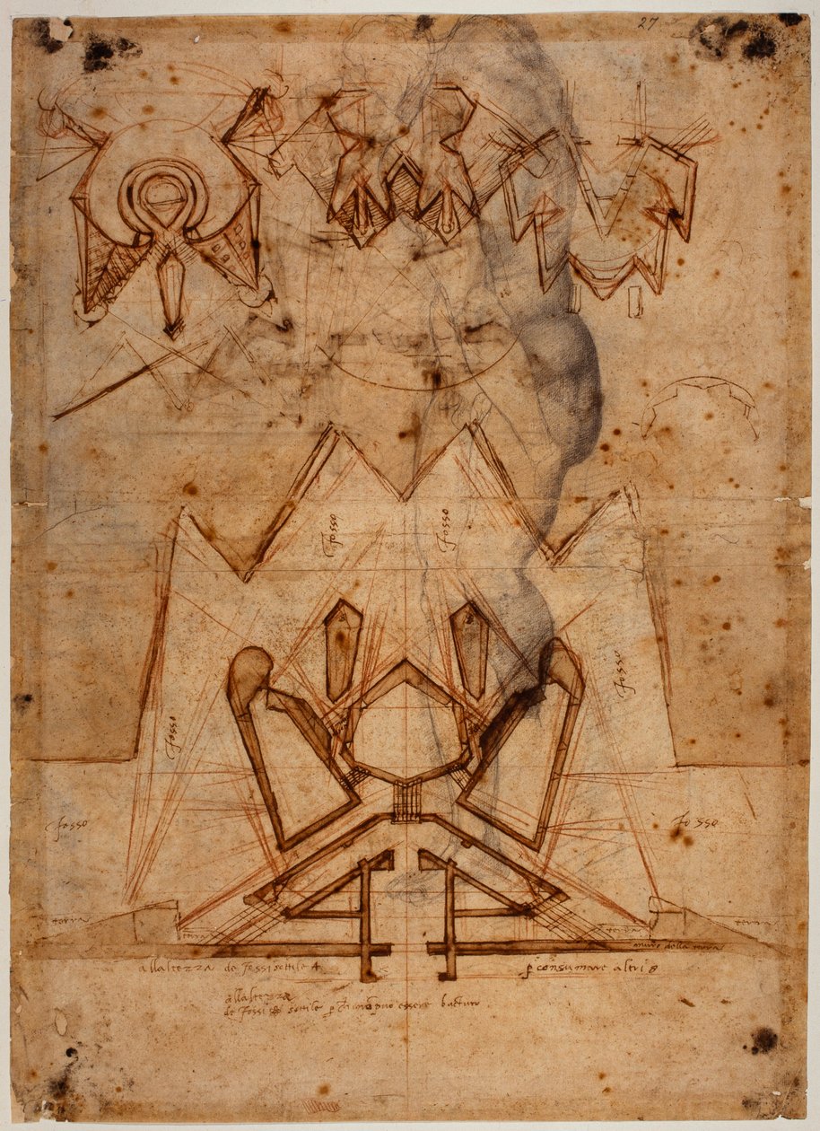 Fortificaciones para la Porta al Prato, boceto de figura de Michelangelo Buonarroti