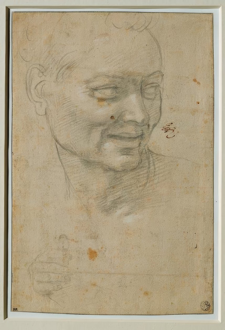 Cabeza y mano derecha del Ignudo arriba y a la izquierda de Isaías de Michelangelo Buonarroti