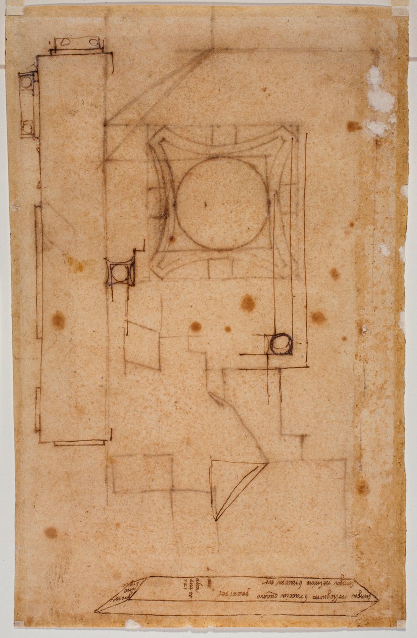 Sección de capitel, plano de fachada y croquis con anotaciones autógrafas de medidas de Michelangelo Buonarroti