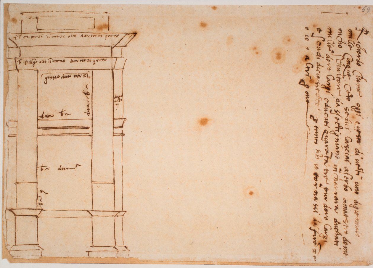 Alzado lateral de la tumba de Julio II, recuerdo autógrafo de Michelangelo Buonarroti