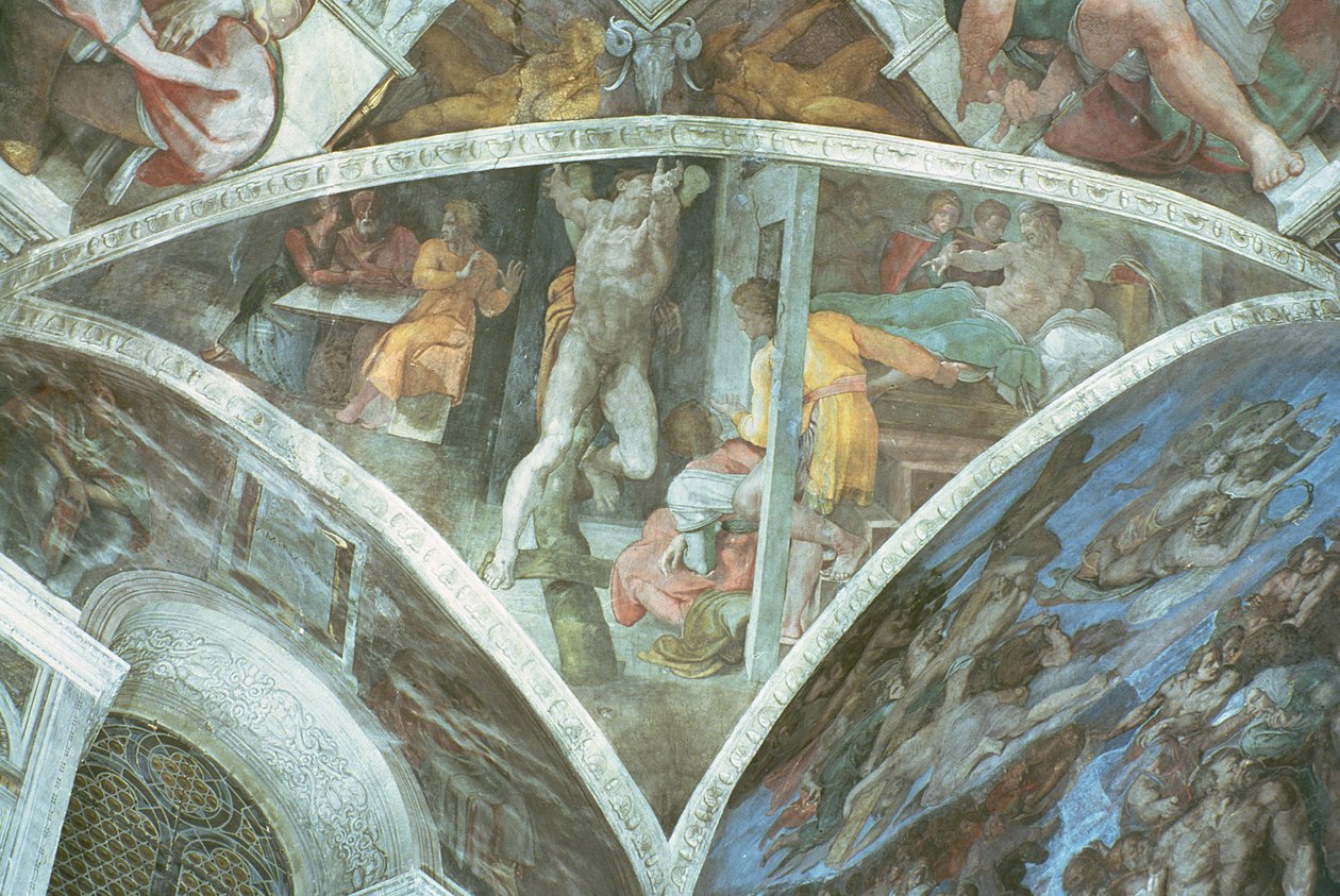 Techo de la Capilla Sixtina: Amán (esfuerzo) (pre restauración) de Michelangelo Buonarroti