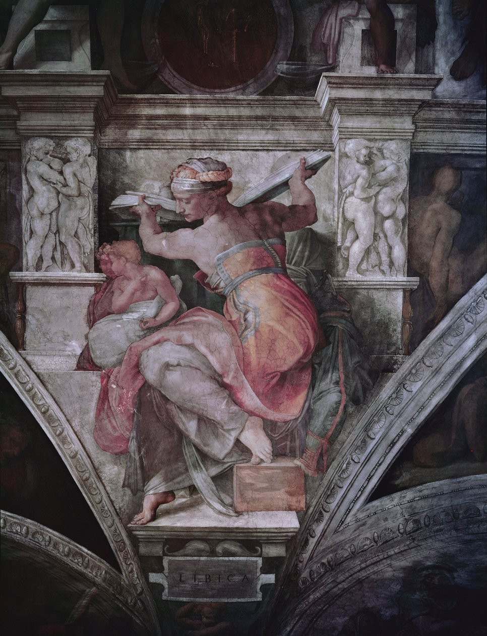 Techo de la Capilla Sixtina: Sibila Libia, c.1508-10 (pre restauración) de Michelangelo Buonarroti
