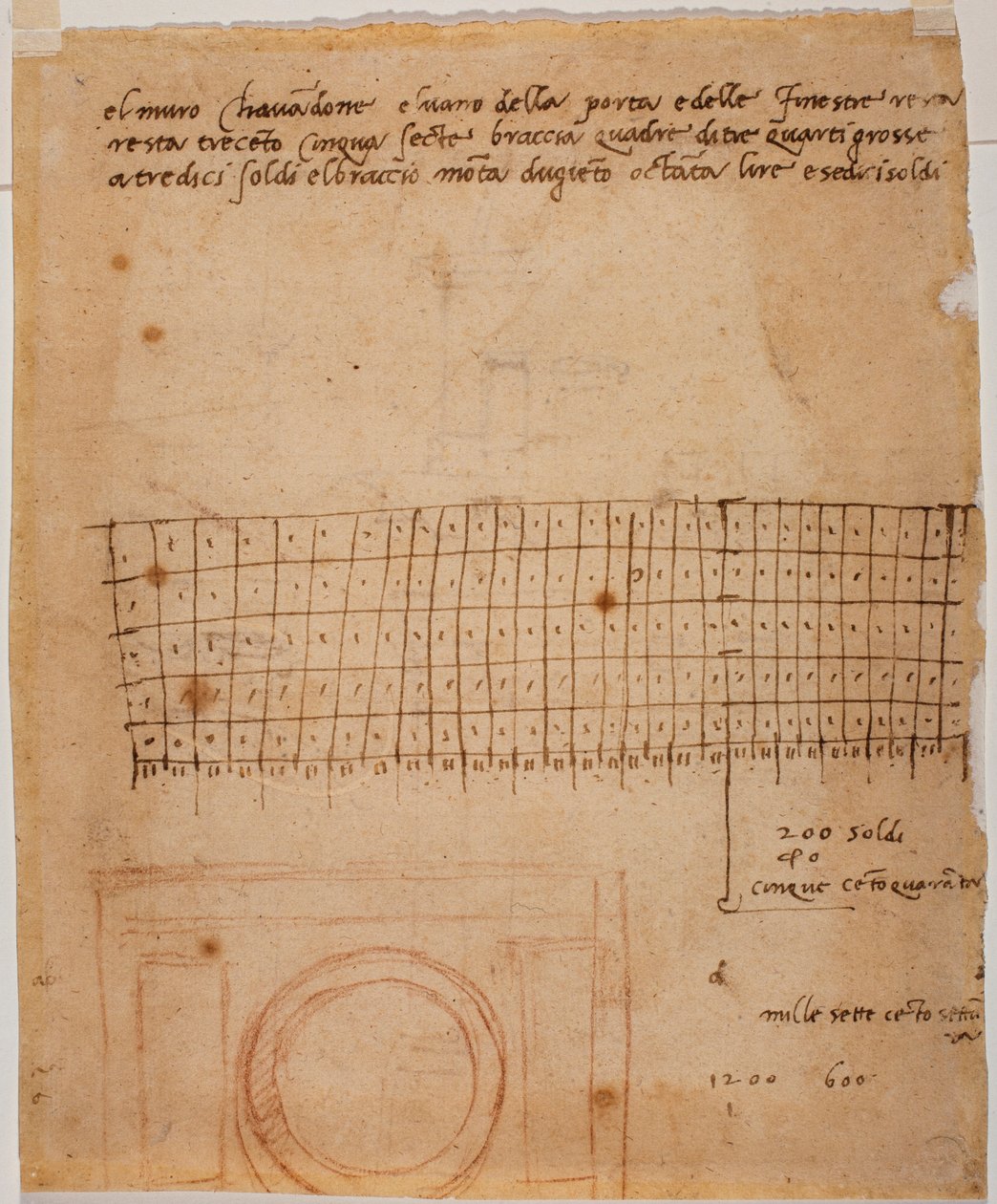 Boceto para una ventana, anotaciones autógrafas y cálculo gráfico de Michelangelo Buonarroti