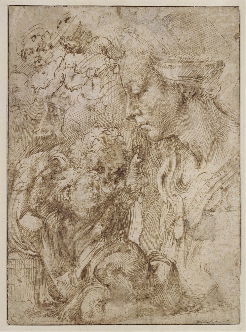Estudios para una Sagrada Familia con Juan el Bautista niño, 1505 de Michelangelo Buonarroti