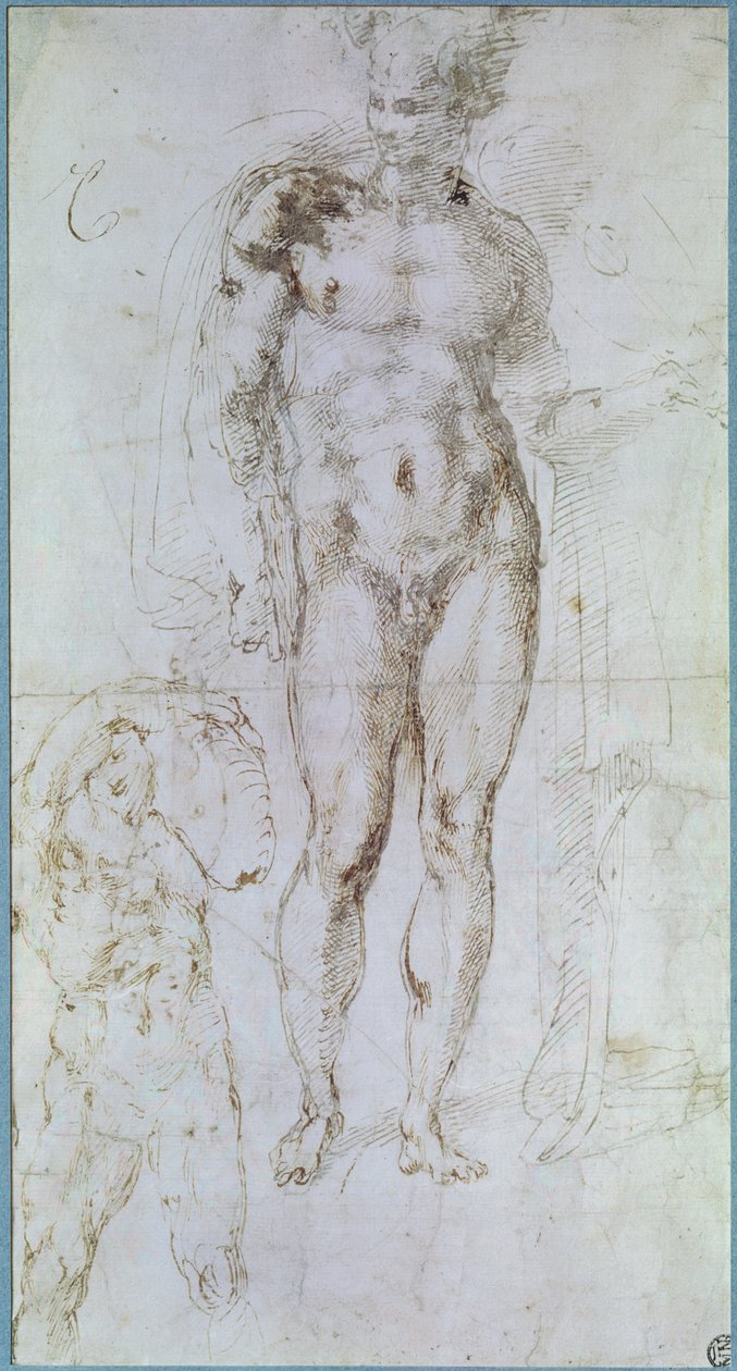 Estudio para Apolo (anteriormente Mercurio) desnudo con una capa sobre los hombros y la figura de un hombre cargando un fardo de Michelangelo Buonarroti