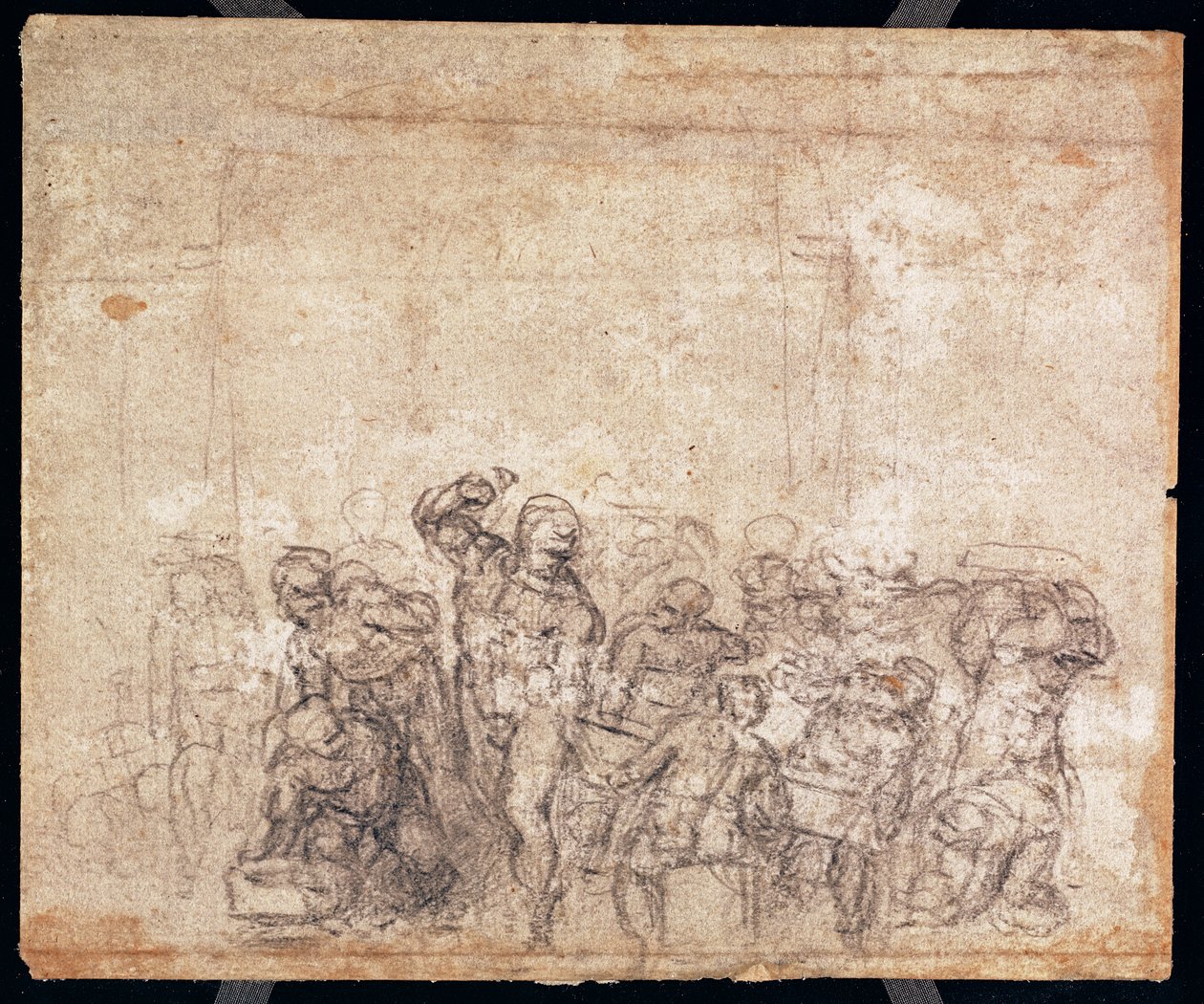 Estudio de figuras para una escena narrativa (tiza negra sobre papel) (verso) de Michelangelo Buonarroti