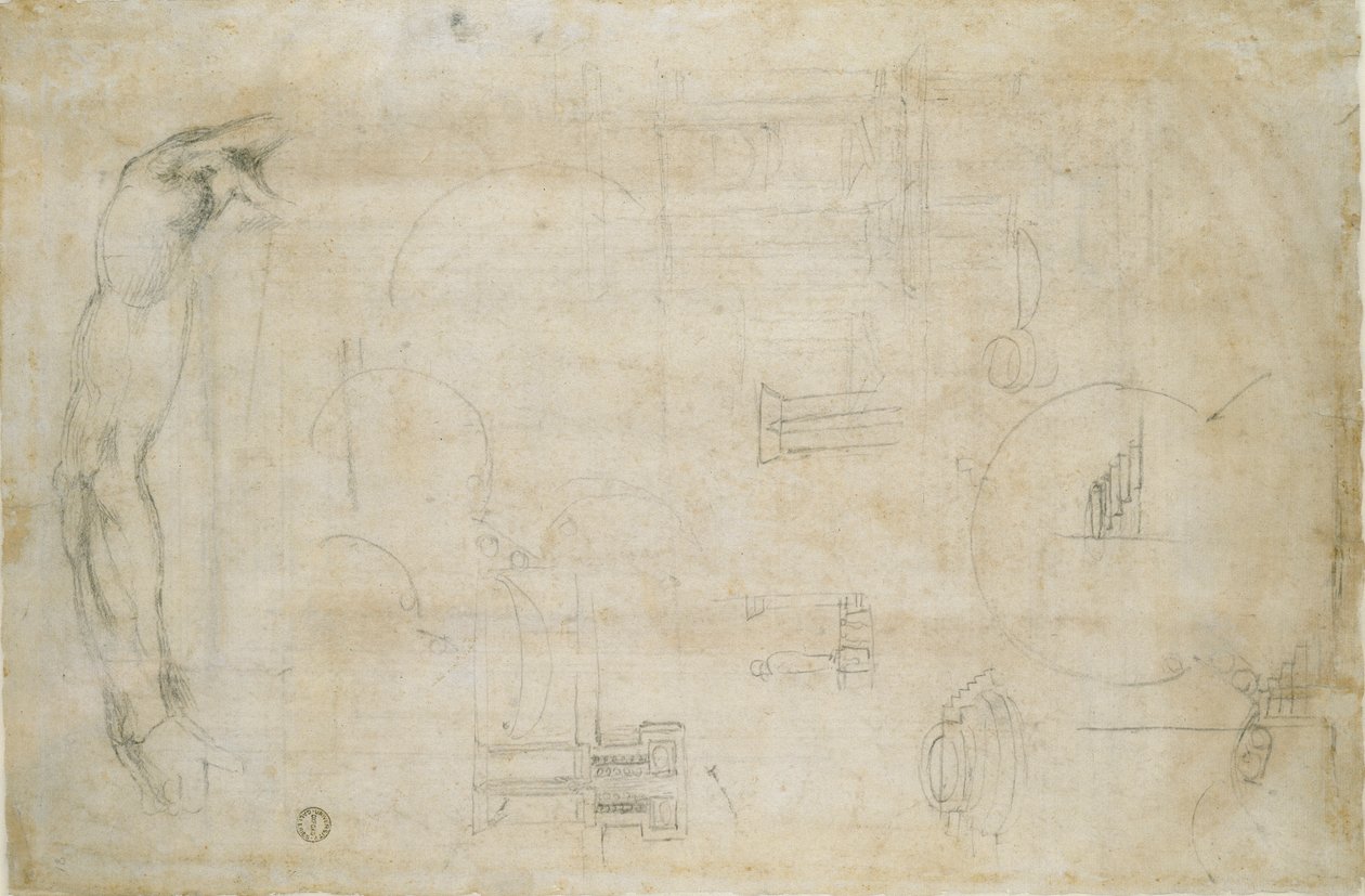 Estudio del Brazo de un Hombre y algunos bocetos arquitectónicos, c1490-1560 de Michelangelo Buonarroti