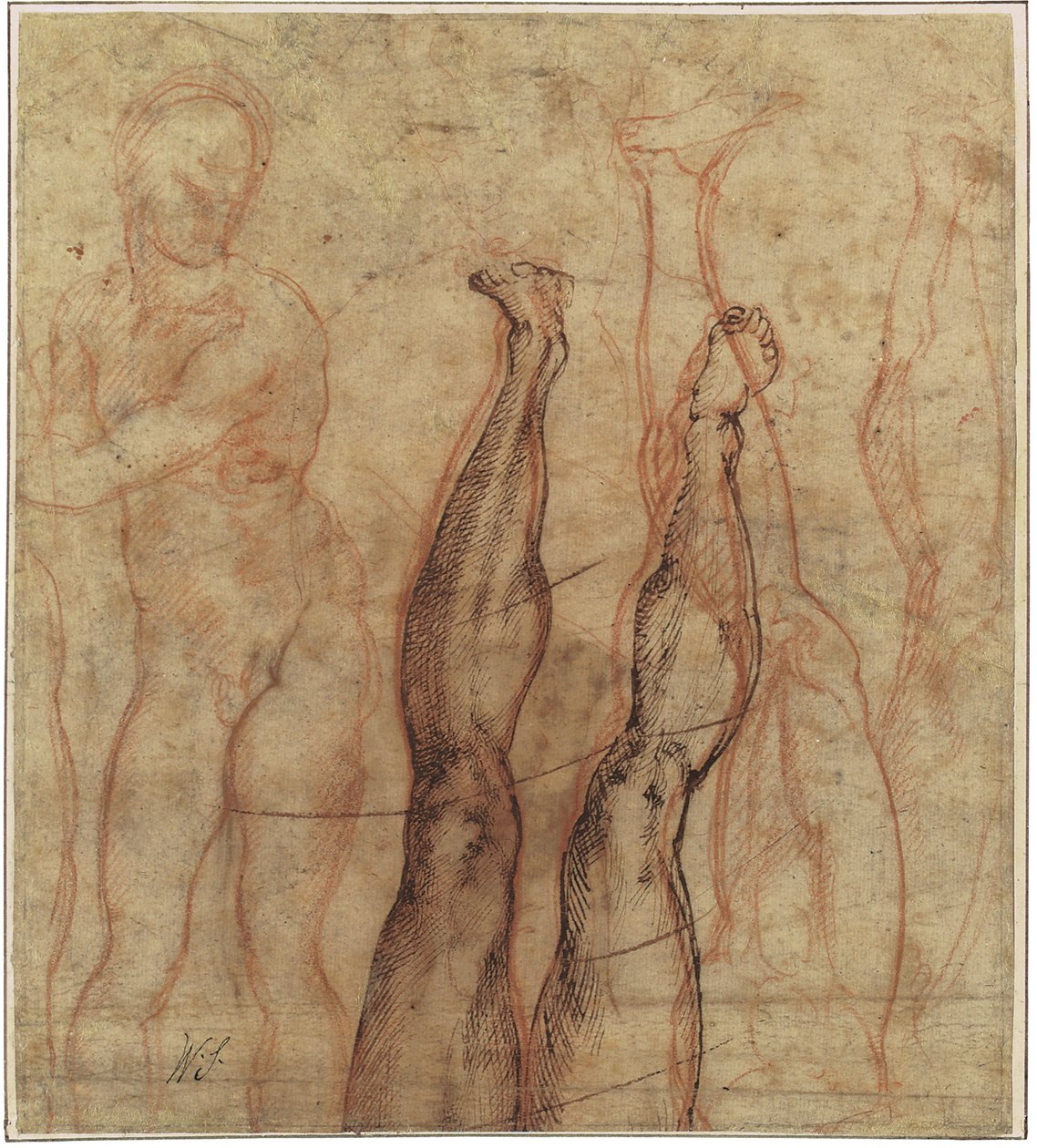 Cristo resucitado, tres cuartos de longitud desnudo dibujado sobre estudios de una pierna y un pie de Michelangelo Buonarroti