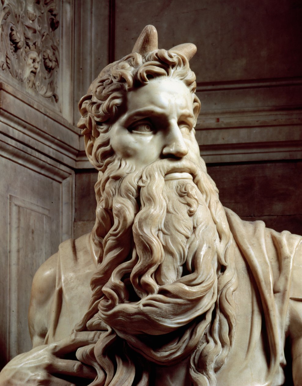 Tumba del Papa Julio II 1453-1513 (detalle) de la cabeza de Moisés, 1513-16 de Michelangelo Buonarroti