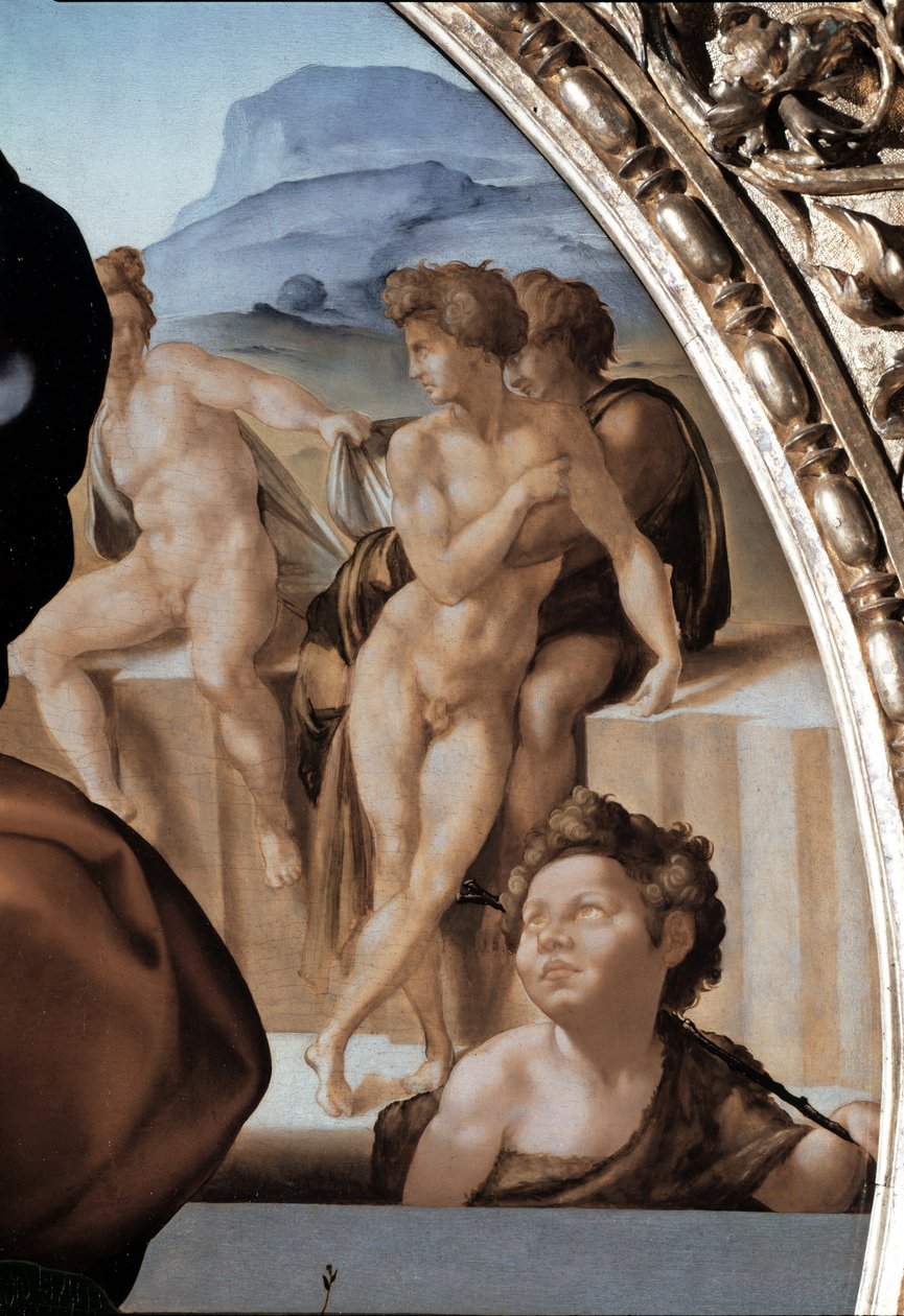Tondo Doni: La Sagrada Familia con San Juan Bautista Niño (detalle) de Michelangelo Buonarroti