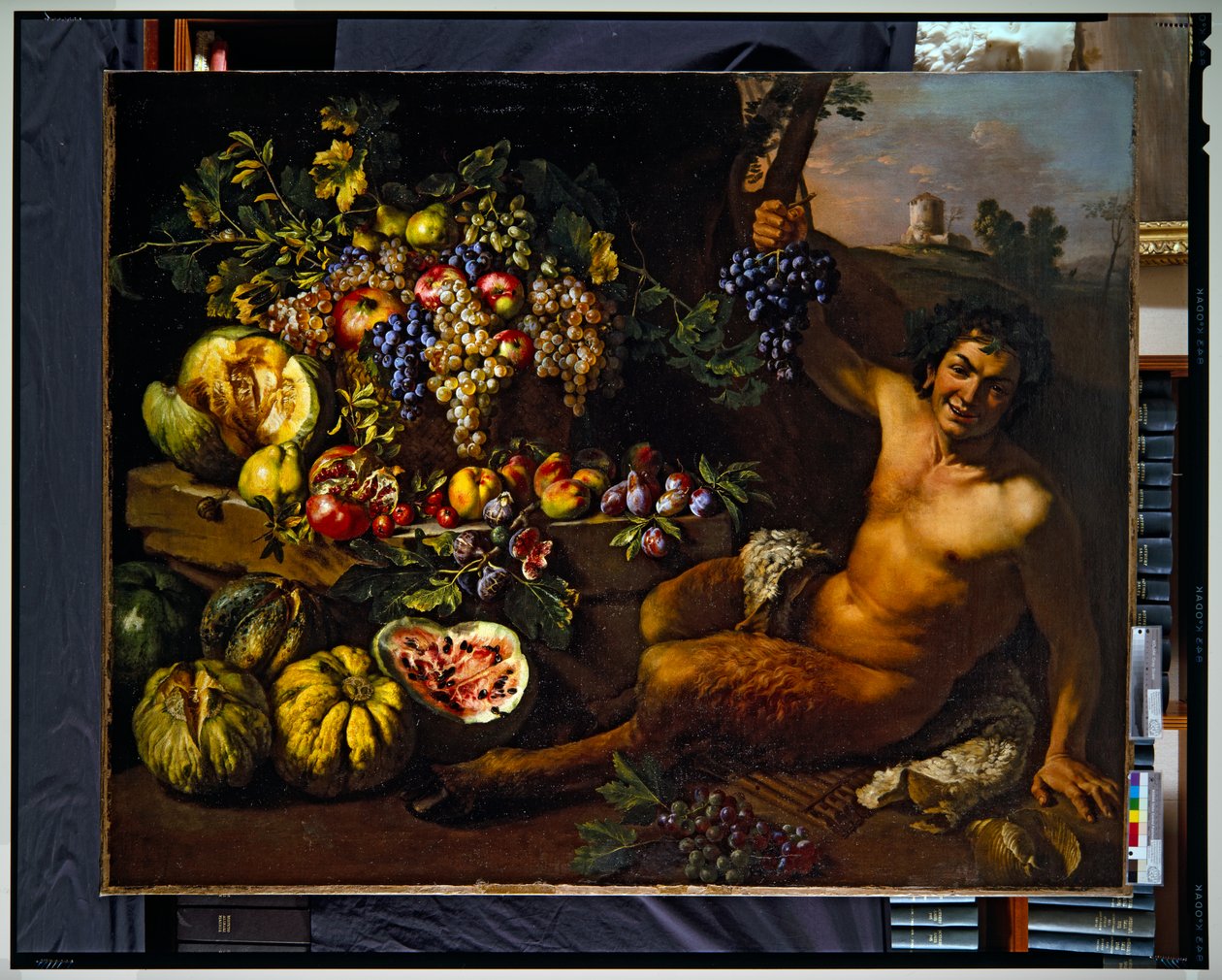 Naturaleza muerta con sátiro en un paisaje (lienzo) de Michelangelo Cerquozzi