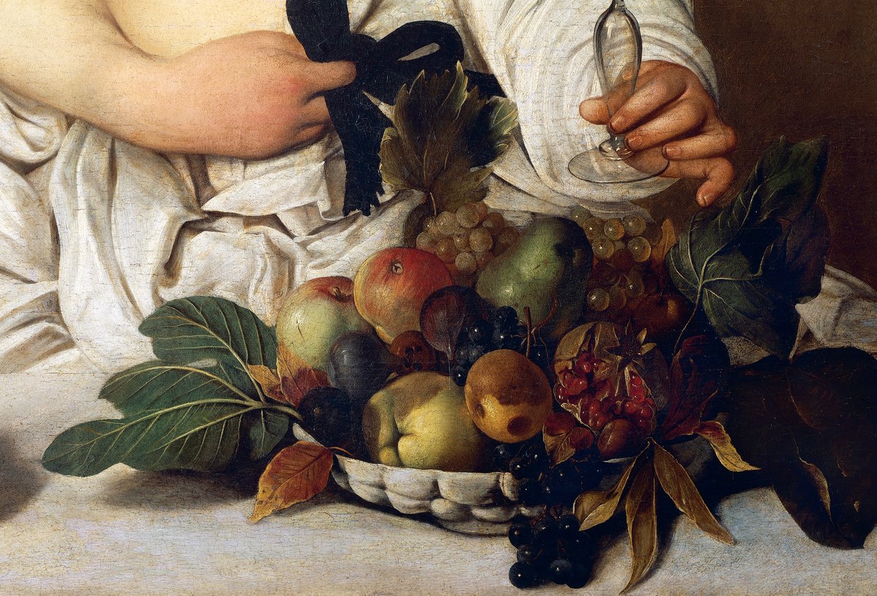 Baco, detalle con Cuenco de frutas, c.1589 (óleo sobre lienzo) de Michelangelo Merisi da Caravaggio