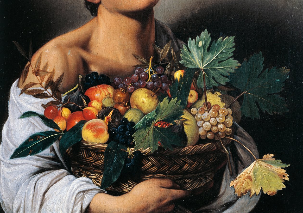 Niño con una cesta de frutas (detalle) de Michelangelo Merisi da Caravaggio