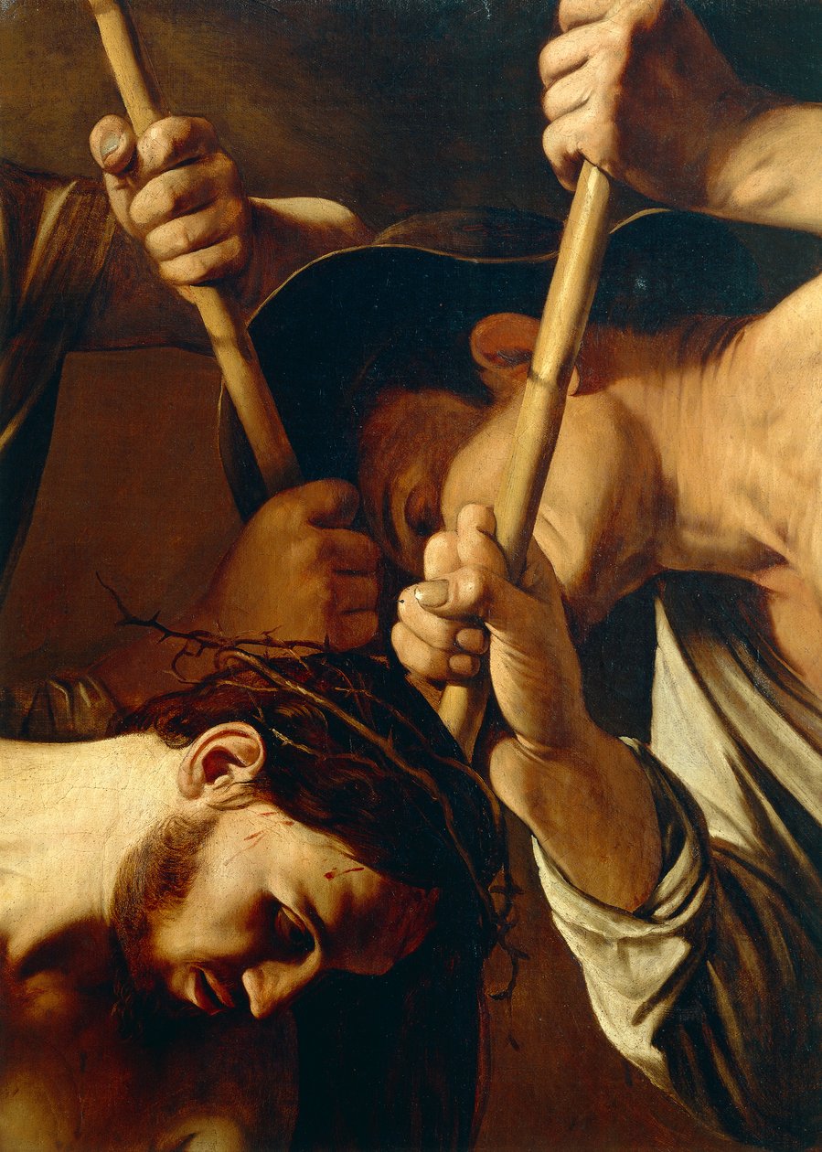 Rostro de Cristo, La coronación de espinas, c.1603 (óleo sobre lienzo) (detalle de 507206) de Michelangelo Merisi da Caravaggio