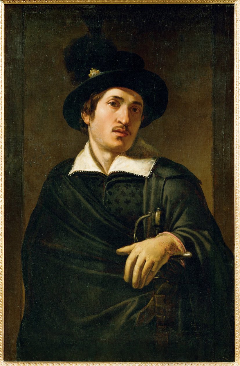 Retrato masculino, franco-flamenco seguidor de Caravaggio (pintura sobre lienzo) de Michelangelo Merisi da Caravaggio