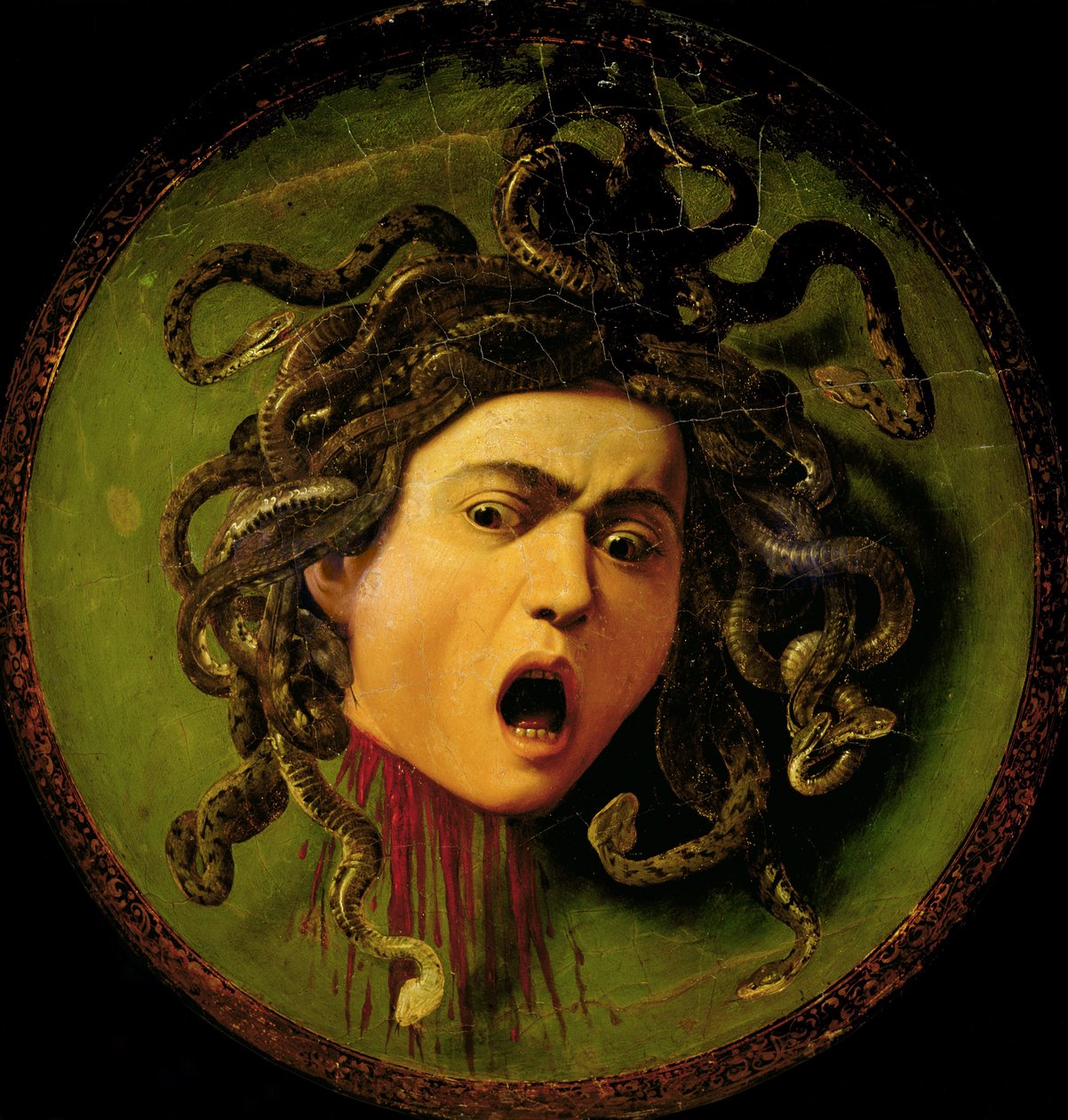Medusa, pintada sobre un escudo de justas de cuero, c.1596-98 (óleo sobre lienzo fijado a madera) (antes de la restauración) de Michelangelo Merisi da Caravaggio
