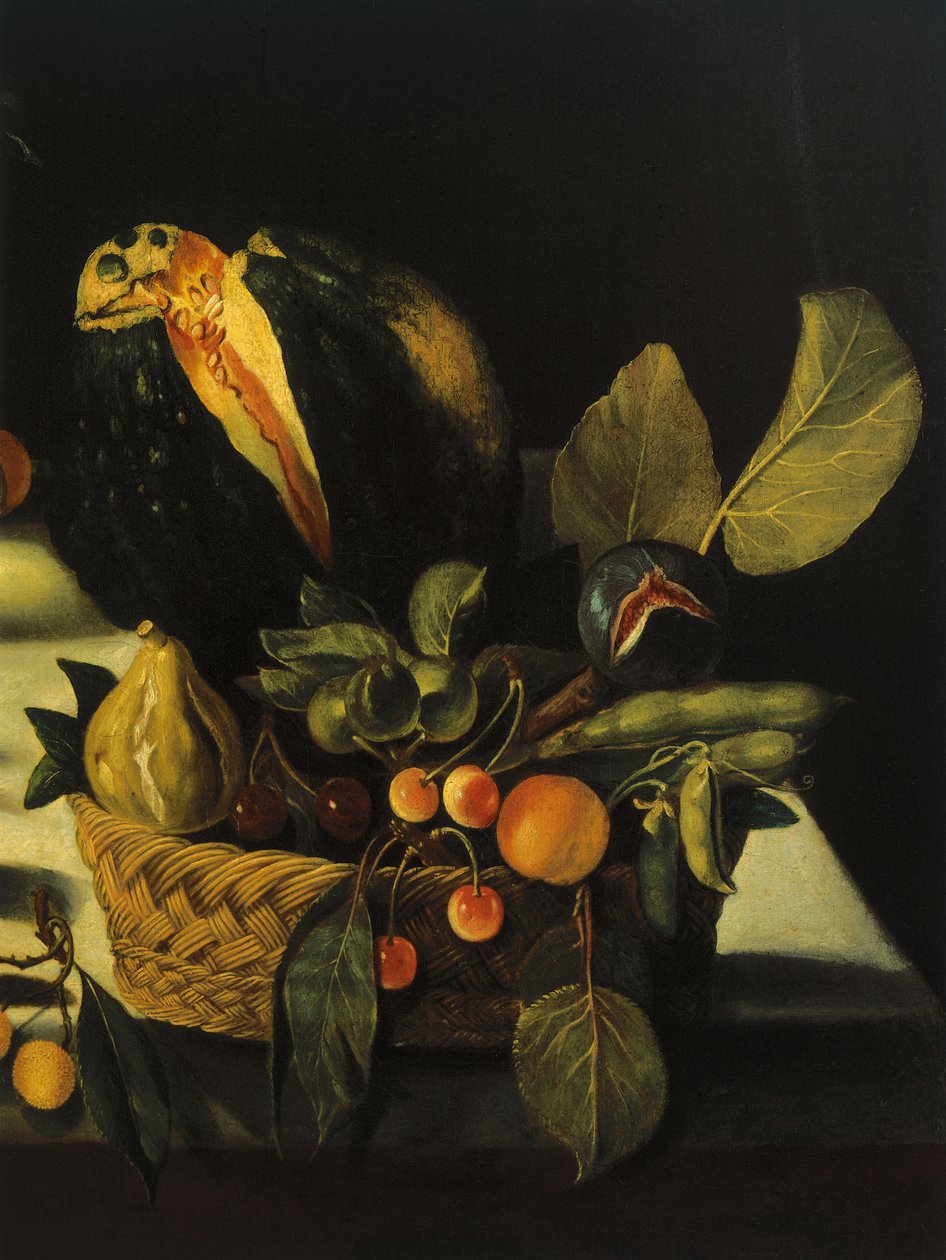 Naturaleza muerta con flores y frutas, por Maestro de la Naturaleza Muerta de Hartford, c.1600-10 (detalle) de Michelangelo Merisi da Caravaggio