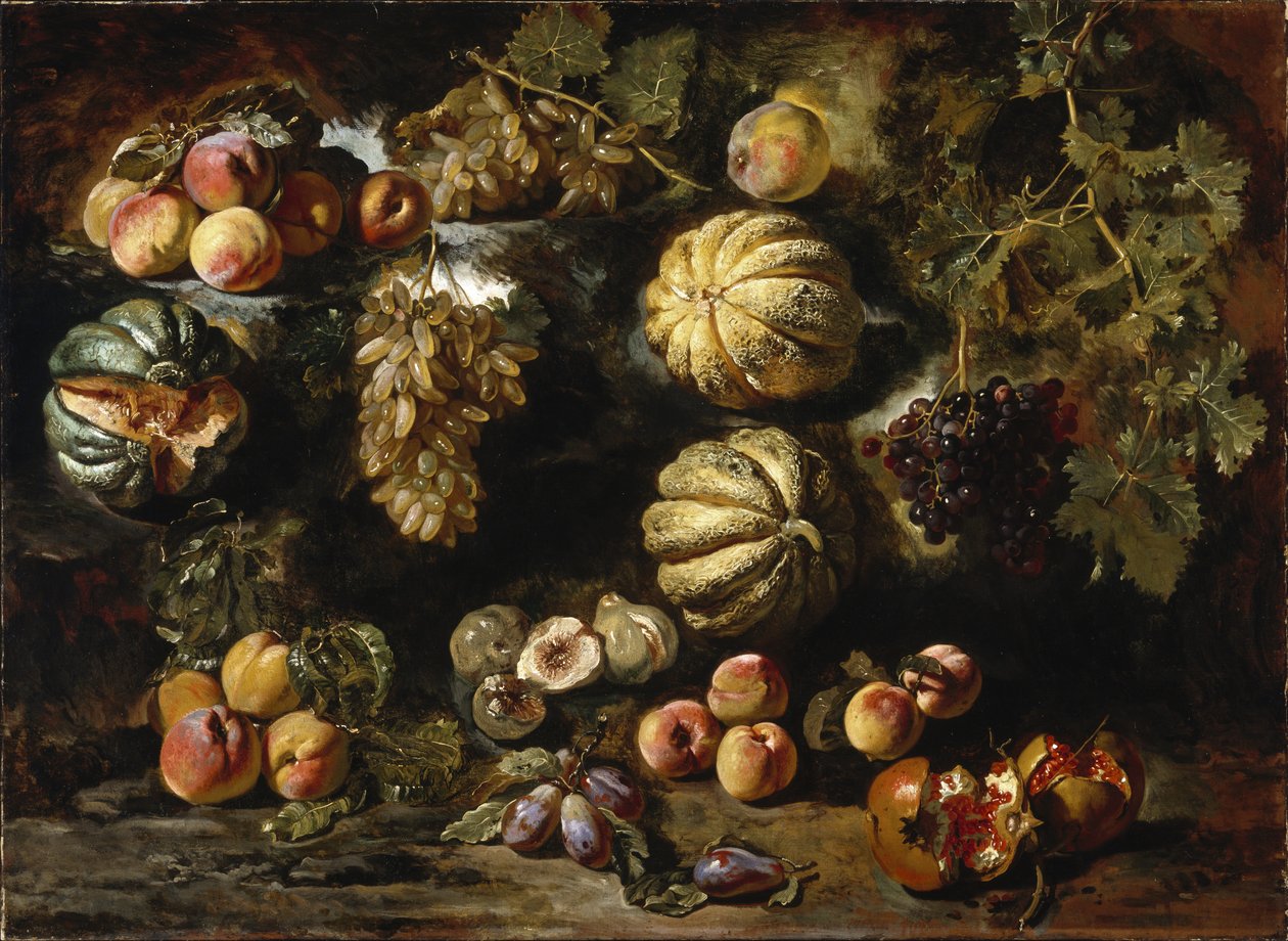 Naturaleza muerta con melones, duraznos, higos y uvas, c. 1640-1650 de Michele Pace del Campidoglio