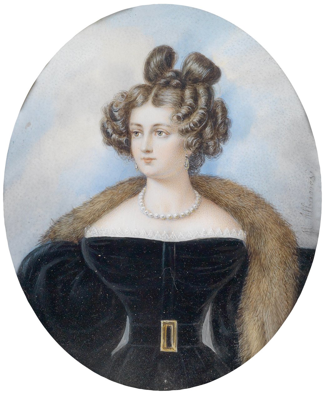 Retrato de una dama con vestido negro y estola de piel de Michele Albanesi
