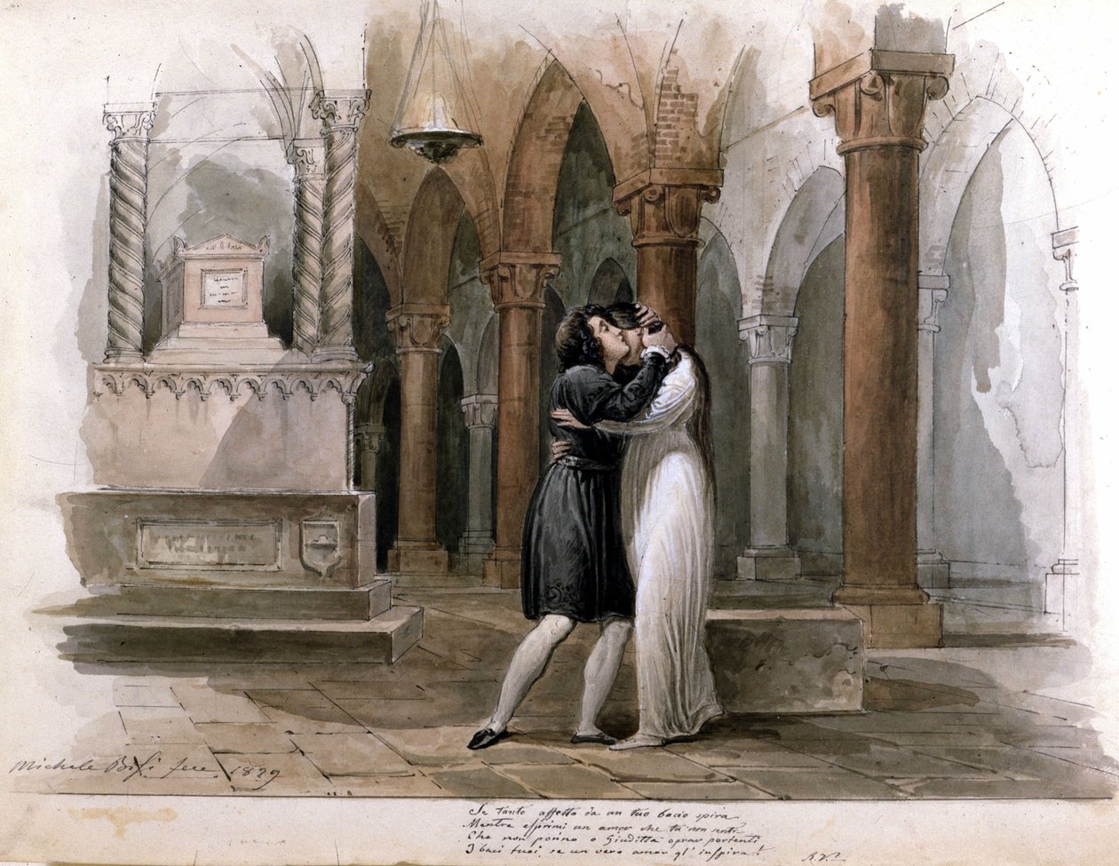 I Capuleti e i Montecchi (Los Capuletos y los Montescos) de Vincenzo Bellini, representación en el Teatro de la Fenice de Venecia. Giuditta Pasta y Giulia Grisi interpretando Romeo y Julieta. Acuarela de Michele Bisi de Michele Bisi