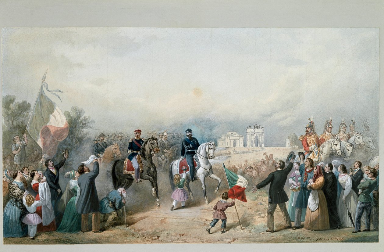 Entrada triunfal del rey de Cerdeña Vittorio Emanuele II y de Napoleón III en Milán el 8 de junio de 1859 (acuarela de Michele Bisi