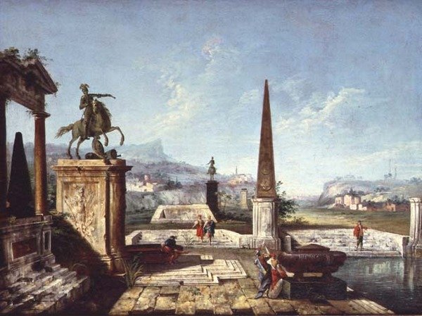 Un capricho de monumentos clásicos, un obelisco con soldados junto a una piscina y montañas al fondo de Michele Marieschi