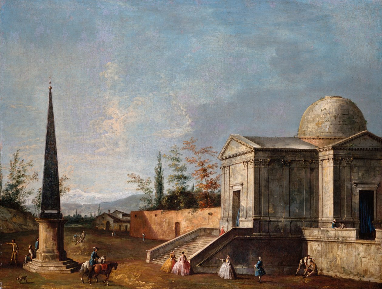 Figuras elegantes frente a una iglesia clásica con cúpula, un obelisco a la izquierda de Michele Marieschi