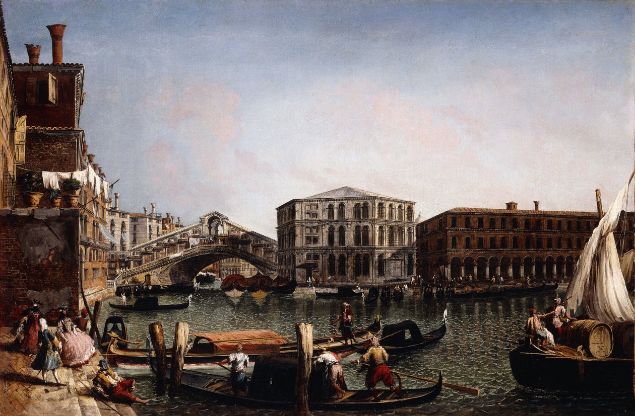 El Puente de Rialto, Venecia con el Fondaco dei Tedeschi en primer plano de Michele Marieschi