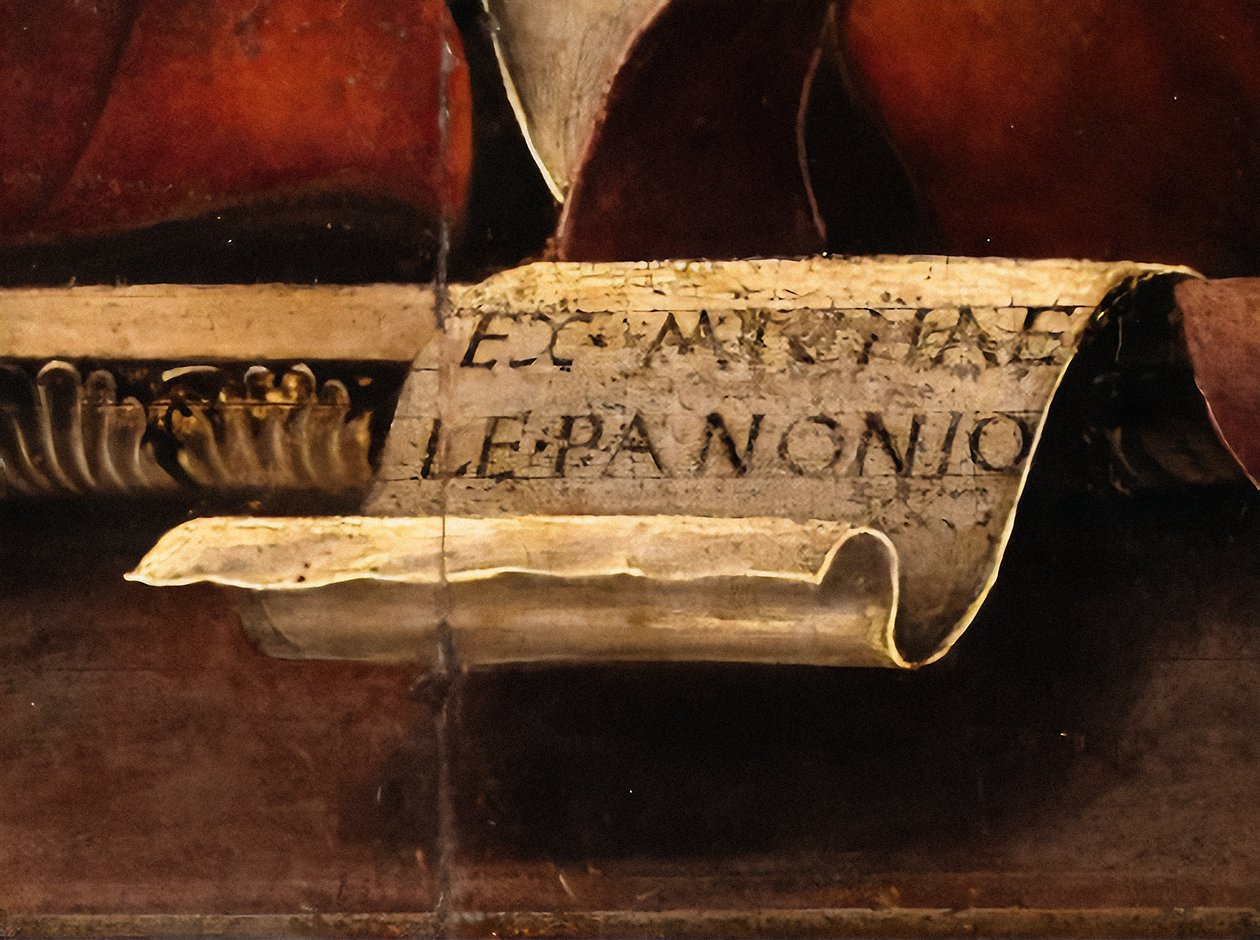 La musa Talía, detalle, c.1456-57 (óleo y temple sobre álamo) de Michele Pannonio