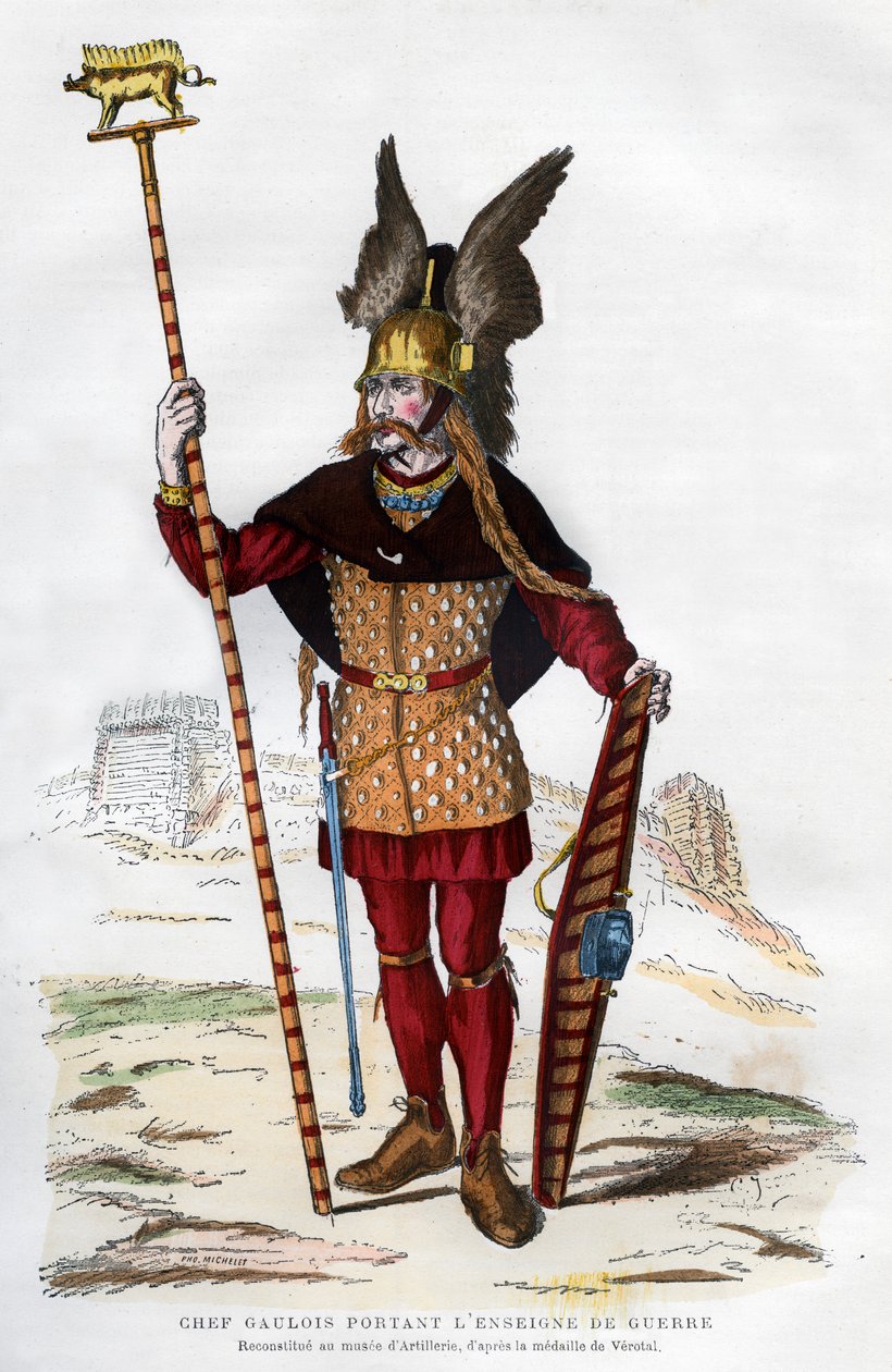 Jefe galo en traje de batalla llevando un estandarte, 1882-1884 de Michelet