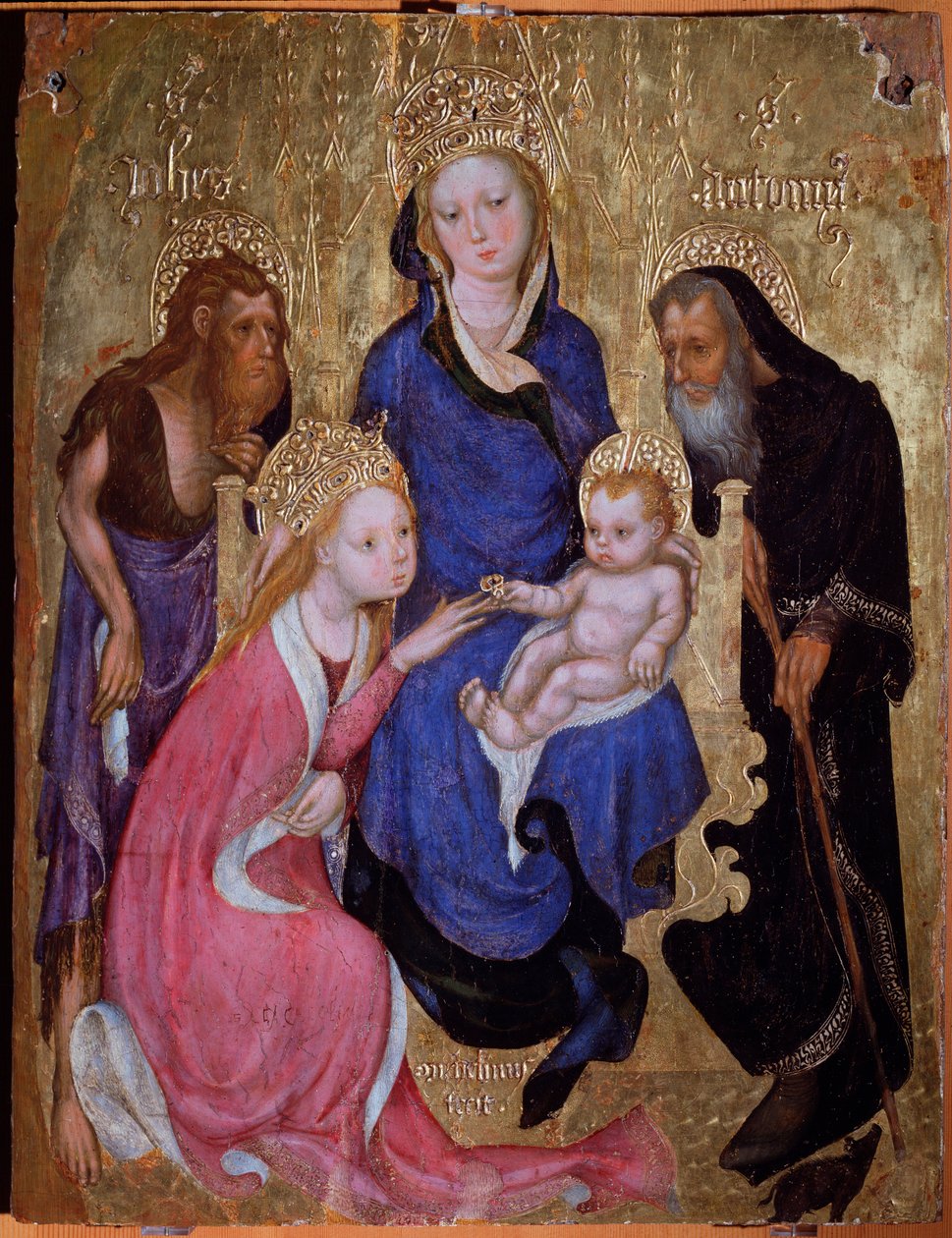 El matrimonio místico de Santa Catalina con los santos Juan Bautista y Antonio de Egipto - Pintura, hacia 1420 de Michelino Molinari da (attr. to) Besozzo