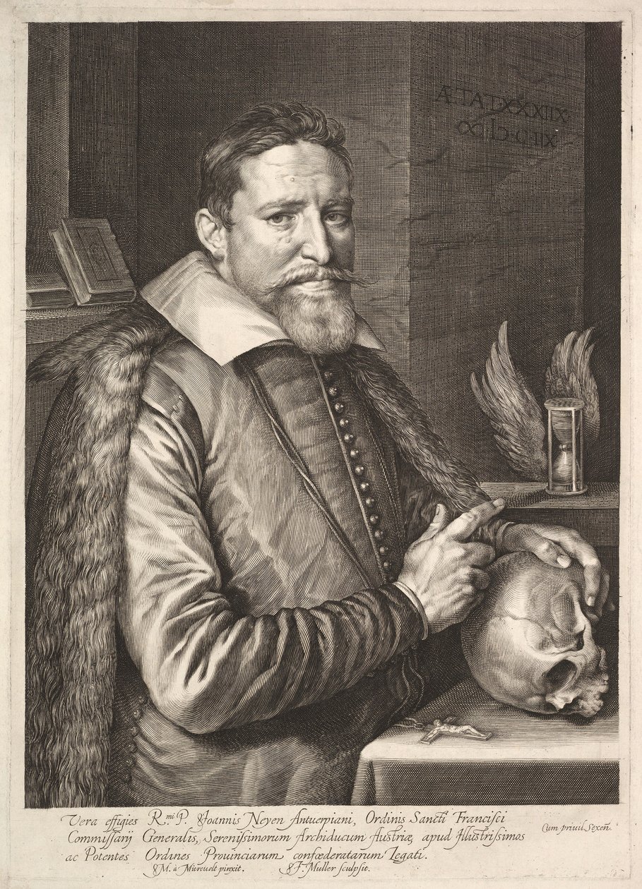 Retrato de Johannes Neyen, General de la Orden de Frailes Franciscanos, Embajador en Tréveris, pub. 1608 de Michiel Jansz. van after Mierevelt