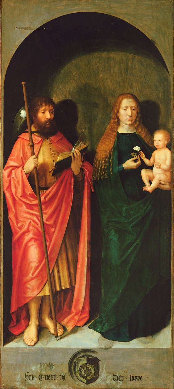 Madonna y el Niño con el apóstol Santiago el Mayor del ala exterior izquierda del altar de San Antonio, c.1517-18 de Michiel Sittow