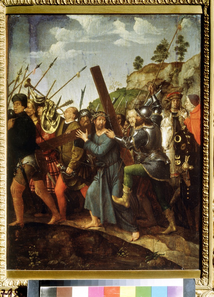 Cristo cargando la cruz. (Cristo cargando la cruz). Pintura de Michael Sittow (1460 o 1468-1525). Óleo sobre lienzo, 37,5 x 28,3 cm, hacia 1518-1525. Arte holandés, renacimiento. Museo Pushkin de Bellas Artes, Moscú. de Michiel Sittow