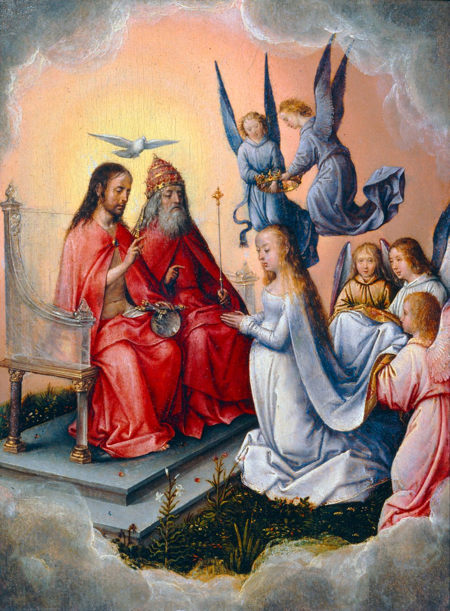 La Coronación de la Virgen por los ángeles, en presencia de la Santísima Trinidad. Pintado en España ... de Michiel Sittow
