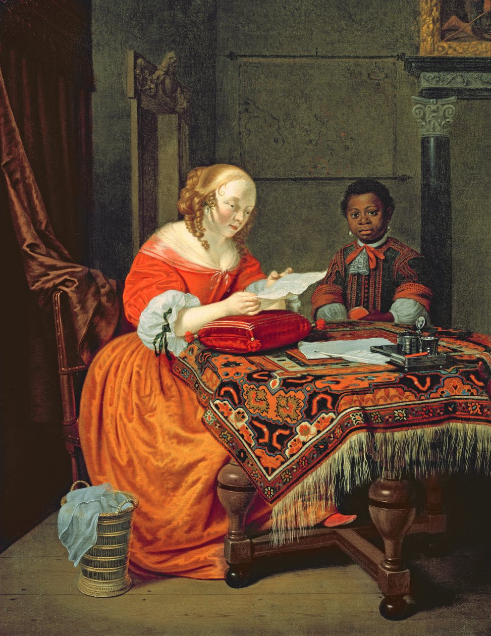 Una Mujer Leyendo una Carta con un Negro en Asistencia, 1670 de Michiel van Musscher