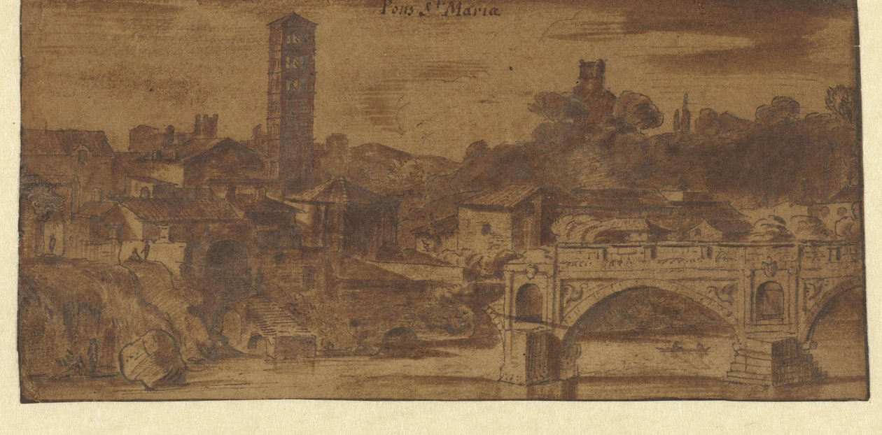 Vista de S. María en Cosmedin, el templo de Vesta y el Puente S. María en Roma de Michiel van Overbeek