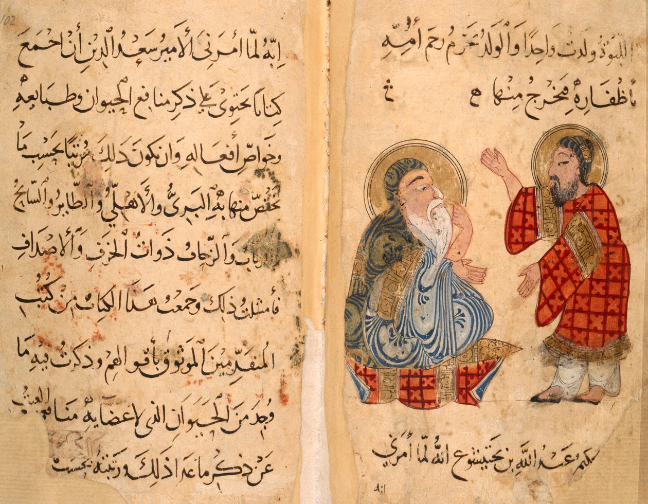 O. 2784, ff.101-101v Página de texto, y enfrente, Ibn Bakhtishu y alumno, ilustración de 