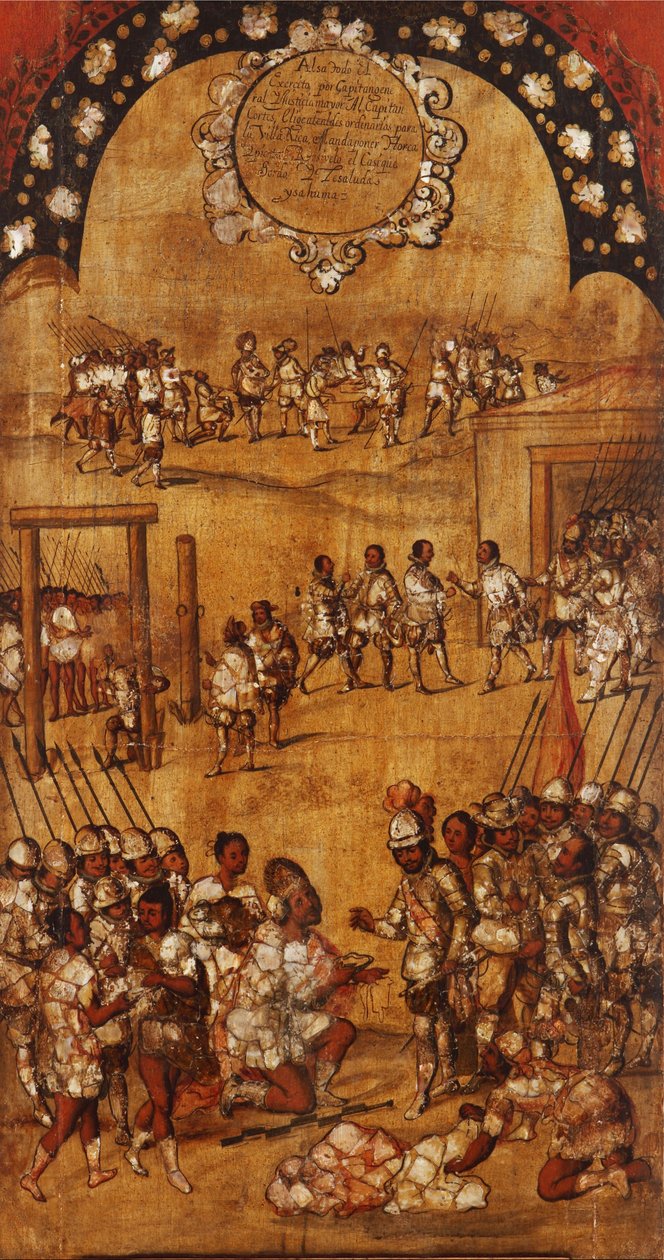 La Conquista de México, Panel III, c.1696-1715 (pintura sobre madera) de Miguel Gonzalez