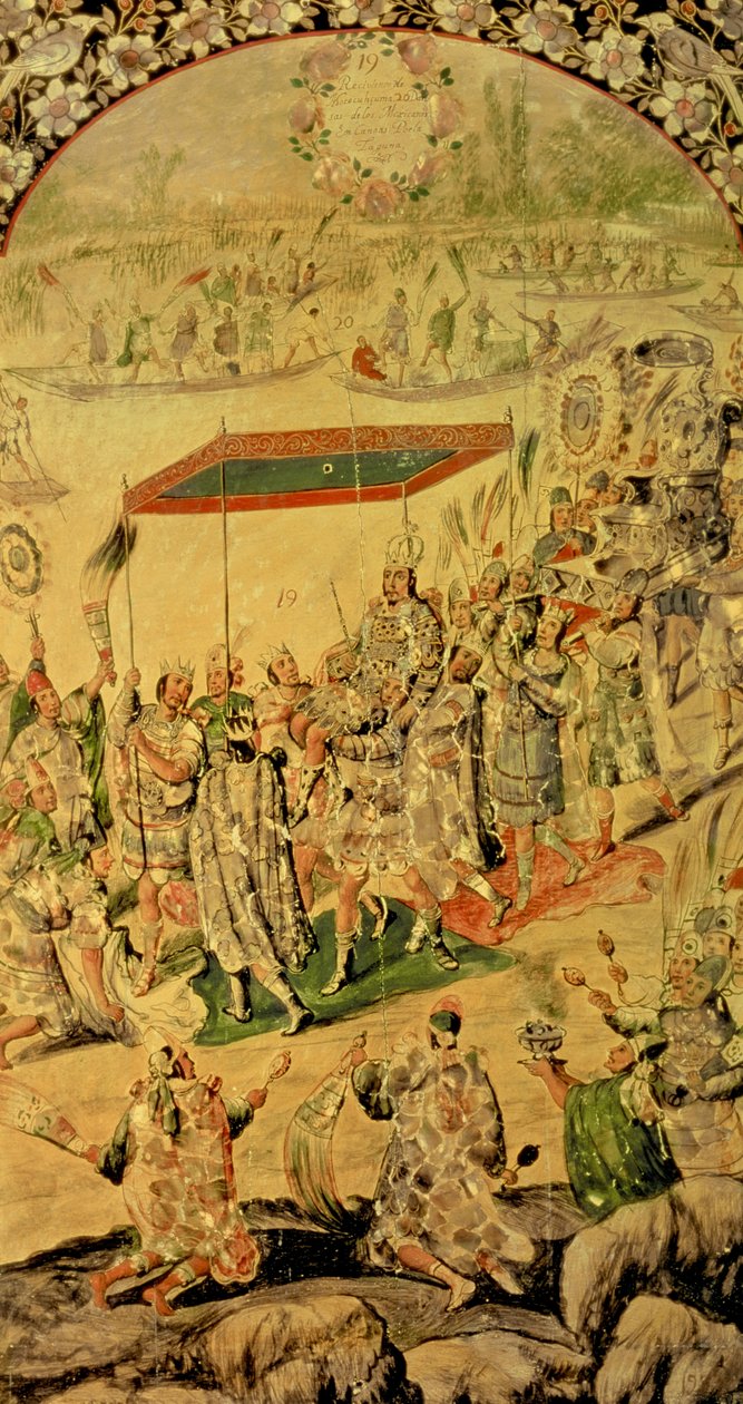 Uno de un par de paneles que representan el encuentro entre Hernando Cortés (1485-1547) y Moctezuma (1466-1520): Moctezuma y sus seguidores, 1698 de Miguel and Juan Gonzalez