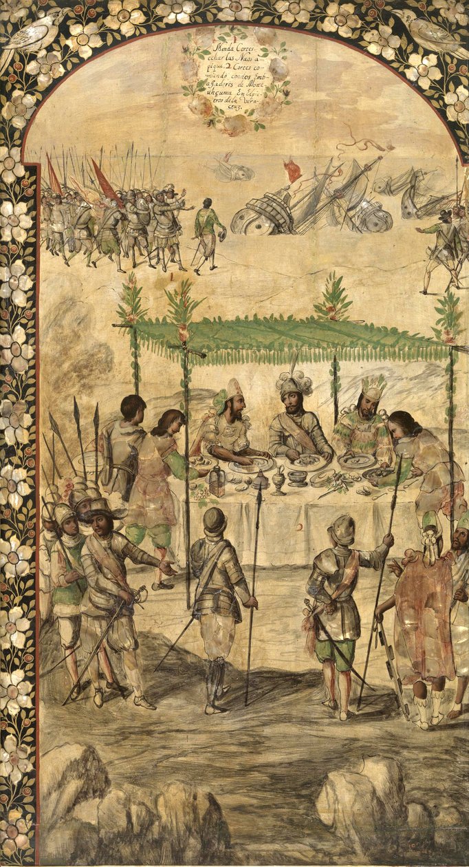 Ordena la destrucción de los barcos y se reúne con los embajadores de Moctezuma en 1520 - La conquista de México por Hernán Cortés de Miguel and Juan Gonzalez