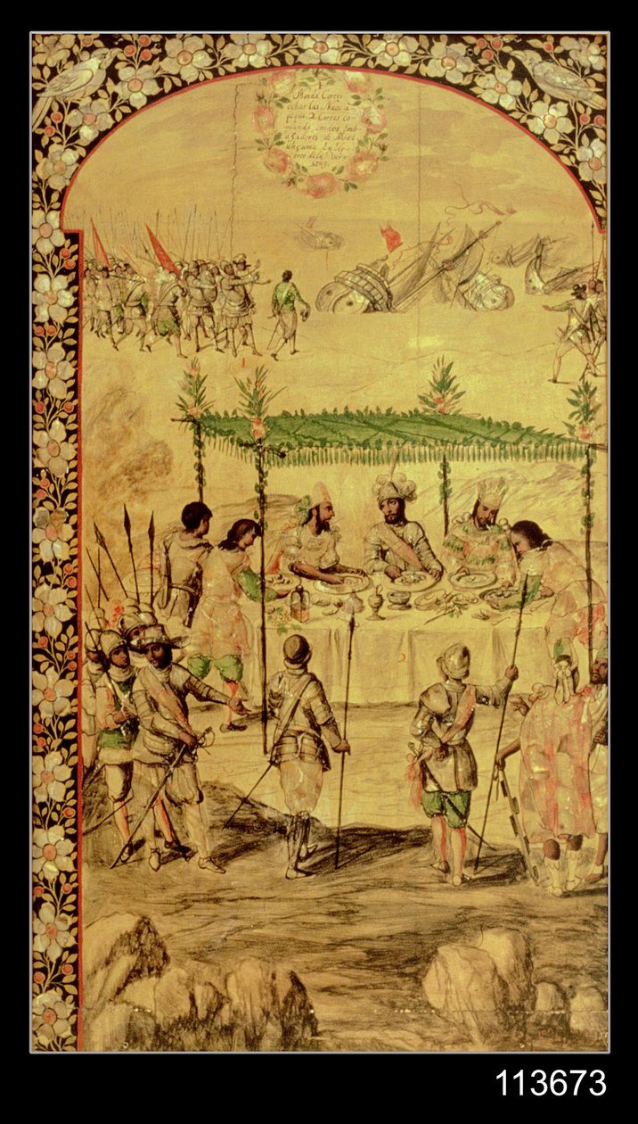 La Conquista de México: Hernando Cortés (1485-1547) ordena la destrucción de los barcos y se reúne con los embajadores de Moctezuma (1466-1520) en 1520 de Miguel and Juan Gonzalez