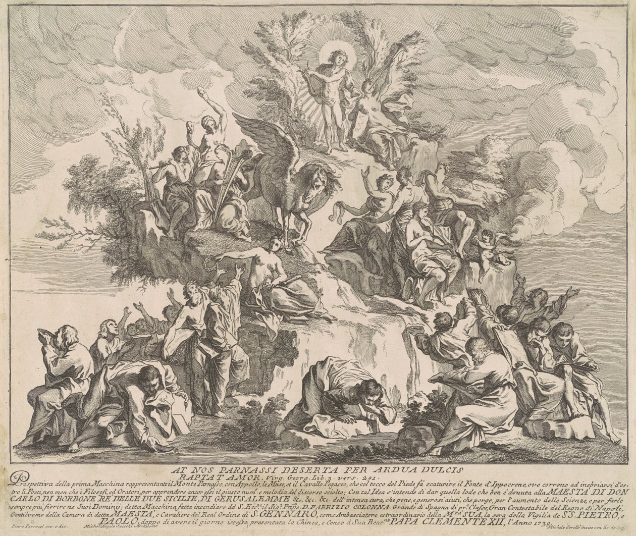 La Prima Macchina para la Chinea de 1739: Monte Parnaso con Apolo, las Musas y Pegaso de Miguel de Sorellò, after Pierre Parrocel, after Michelangelo Specchi