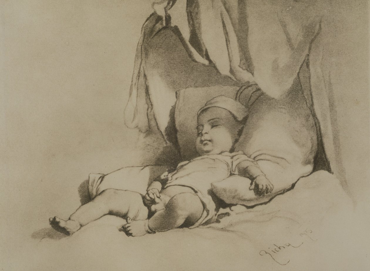 Bebé dormido en la cama de Mihaly von Zichy
