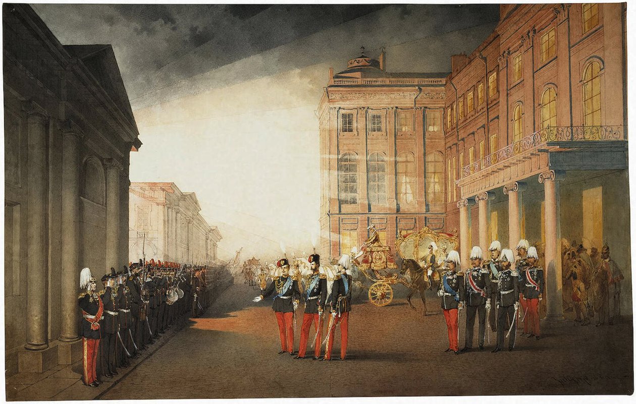 Desfile frente al Palacio Anichkov el 26 de febrero de 1870, 1870 de Mihaly von Zichy