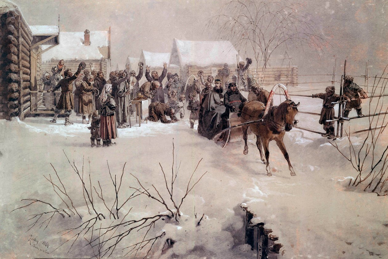 El zar Alejandro II (1818-1881) en un trineo cruza un pueblo bajo la nieve. Acuarela de Mihaly von Zichy (1827-1906) siglo XIX San Petersburgo, Castillo de Peterhof de Mihaly von Zichy