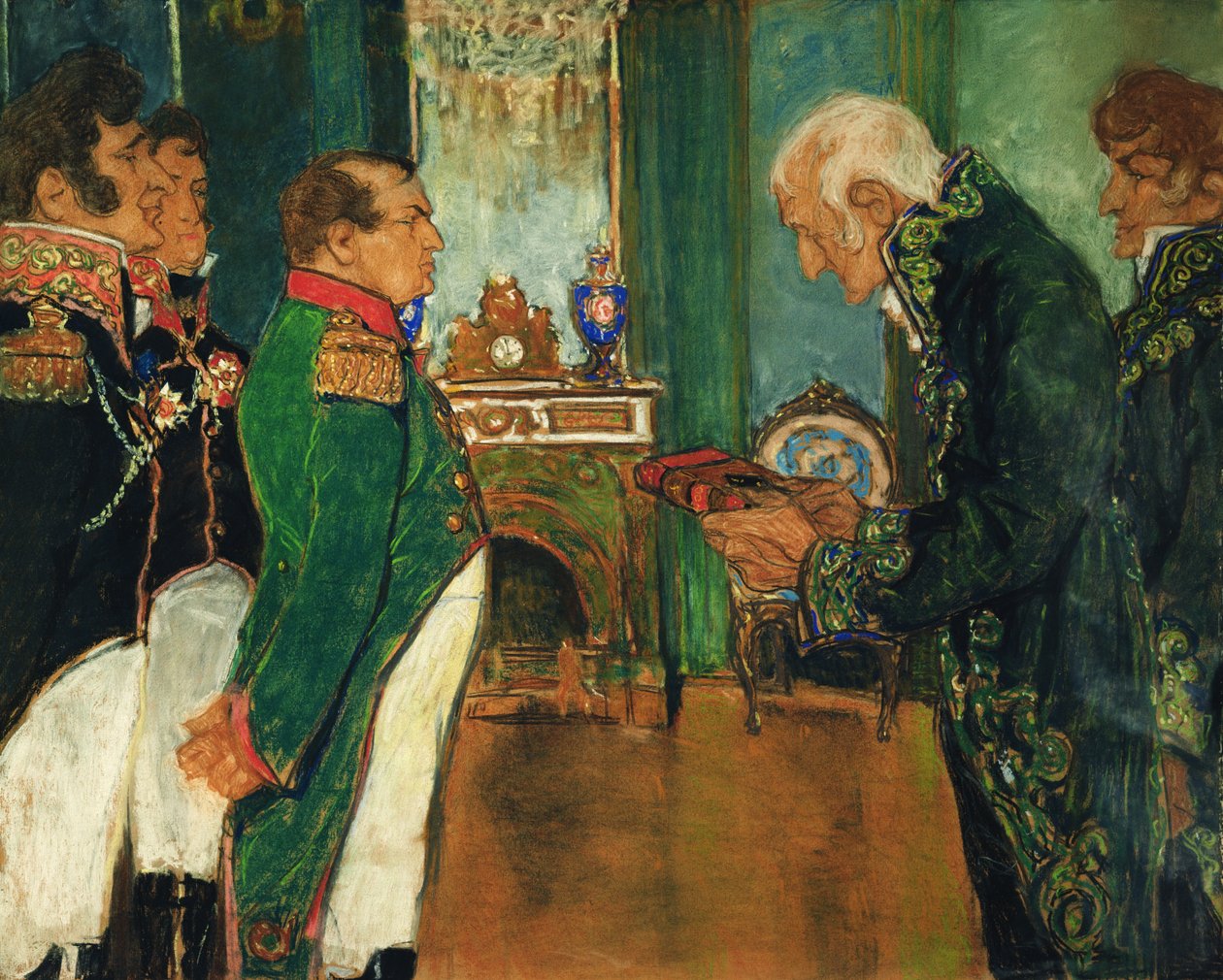 Jean-Baptiste de Lamarck entregando el libro Filosofía Zoológica al Emperador Napoleón Bonaparte, 1920 de Mikhail Dmitrievich Ezuchevsky