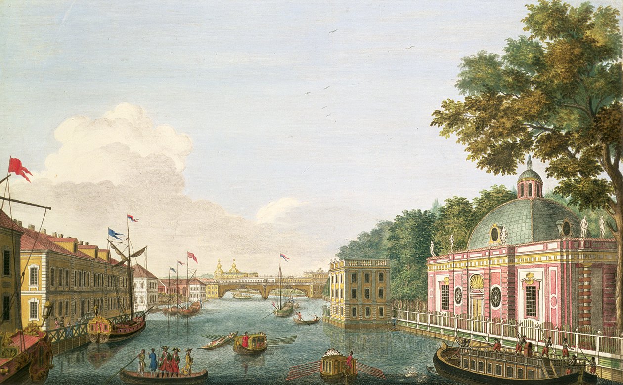 Vista del río Fontanka desde la gruta y el Palacio de Invitados, grabado por Grigory Anikievich Kachalov (1711-1759), 1753 de Mikhail Ivanovich Makhaev