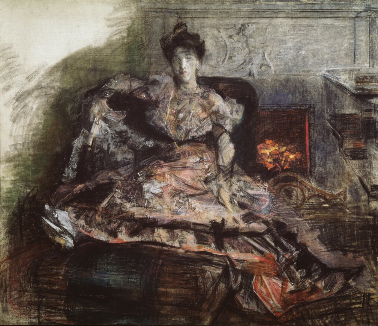 Después del concierto. Retrato de N. Zabela-Vrubel junto a la chimenea con un vestido diseñado por Vrubel, 1905 de Mikhail Aleksandrovich Vrubel